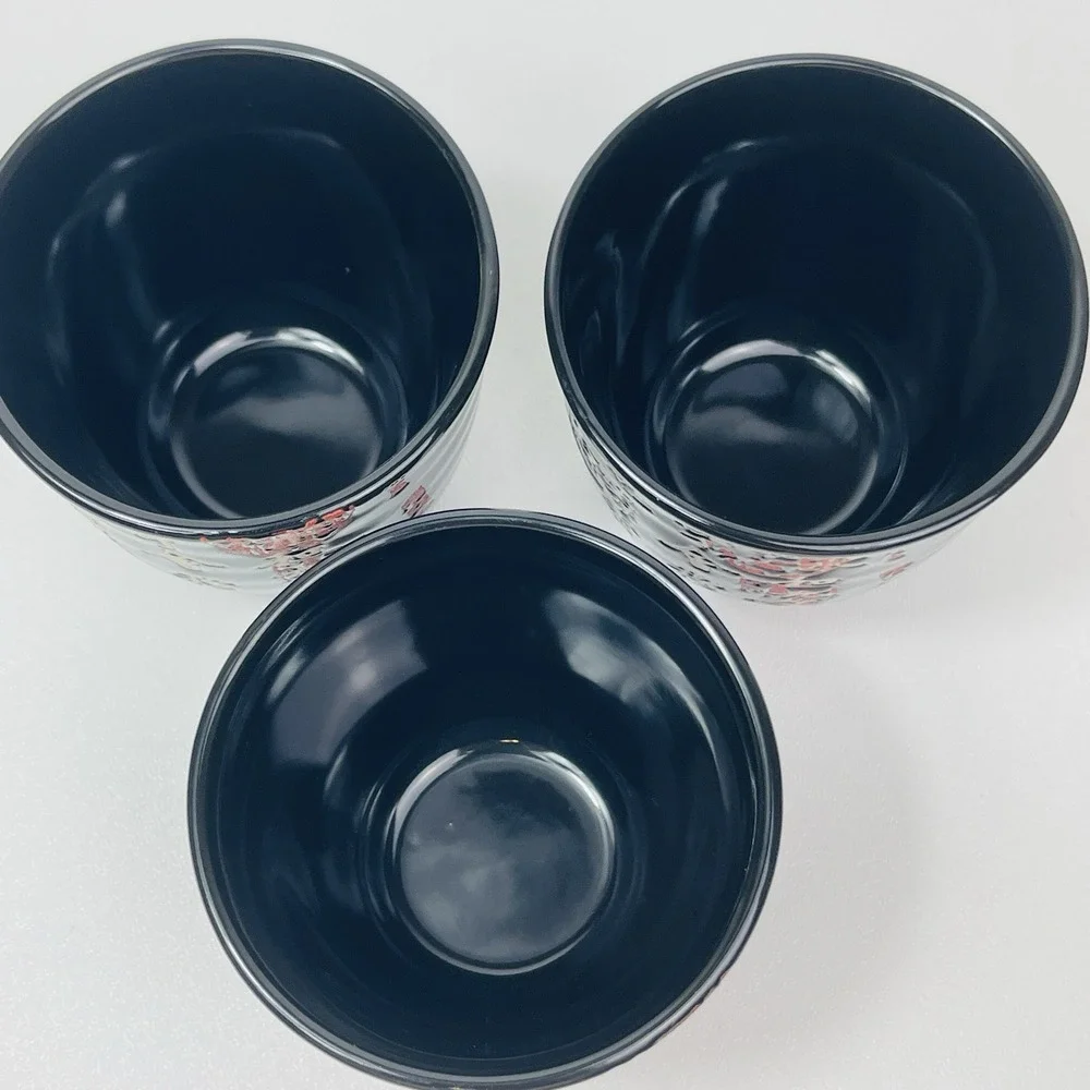 La Dolce Vita JJG Designs Black Chinese Writing Tea Cups Set Of 3 White Red Seal